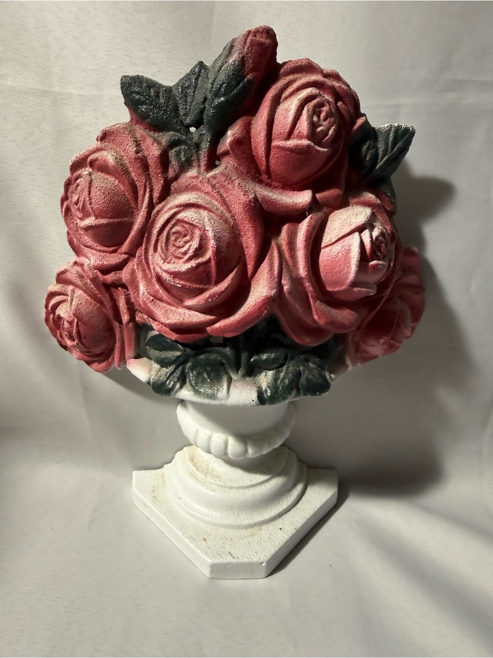 Decorative Pink Rose Bouquet Urn Metal Doorstopper